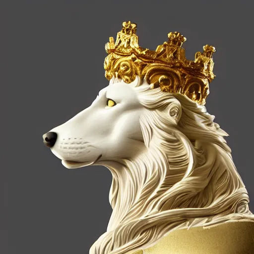 Prompt: side portrait of a wolf in the form of a greek sculpture in marble, with a gold crown, baroque elements in the background, museum. photorealistic. ultra detailed. flash. intricate artwork by miguel angel. octane render. cinematic. 4 k. bokeh.