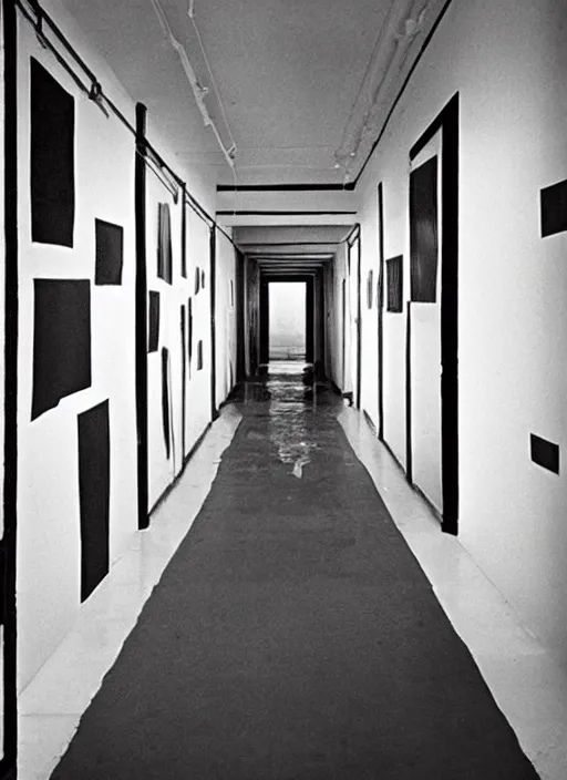 Image similar to a photograph of a symmetrical hallway designed by basquiat, 3 5 mm, film camera, dezeen, architecture, minimal, art installation