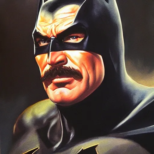 Image similar to ultra realistic portrait painting of tom selleck as batman, art by frank frazetta, 4 k, ultra realistic, highly detailed, epic lighting