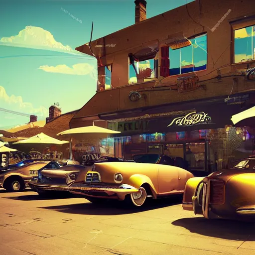 Prompt: parked retro futuristic vintage shiny polished cars and motorcycles at a bar, volumetric lighting, beautiful, day time, summer, sunny weather, sharp focus, highly detailed, cgsociety