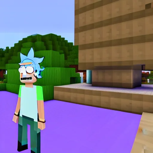 Image similar to Rick and Morty in minecraft, minecraft mods, game poster, trailer, RTX on, minecraft RTX