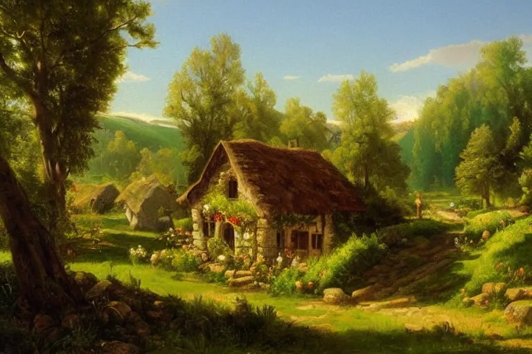 Prompt: asher brown durand oil painting on canvas of tolkien's the shire hobbiton