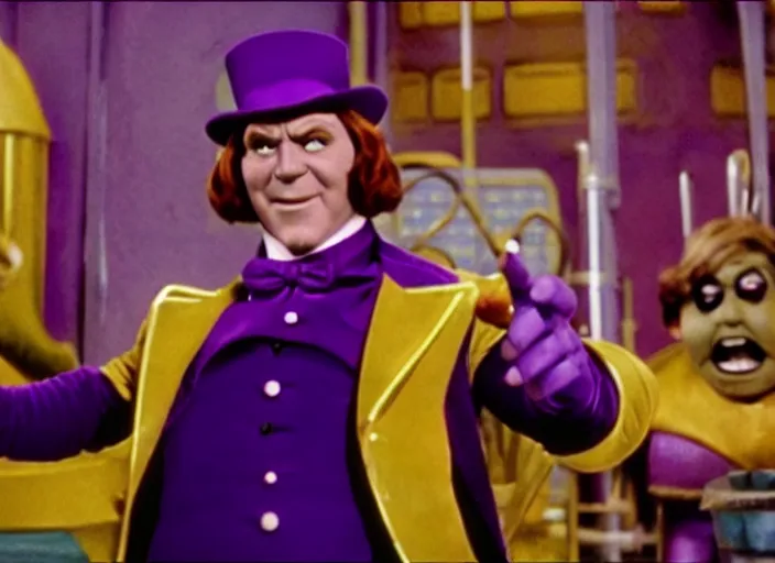 Image similar to film still of thanos as willy wonka in willy wonka and the chocolate factory 1 9 7 1