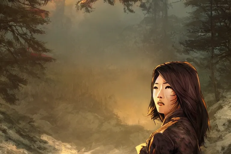 Prompt: fallout 5, charismatic beautiful rugged asian female protagonist, portrait, outdoors in forest, tori gate and shinto shrine in the background, atmospheric lighting, painted, intricate, volumetric lighting, daytime, winter, clear weather, sharp focus, ultra detailed, art by william turner