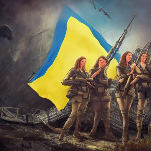 Image similar to ukrainian girls with ukrainian flag near big ruined warship, happy, concept art, trending on artstation, highly detailed, intricate, sharp focus, digital art, 8 k