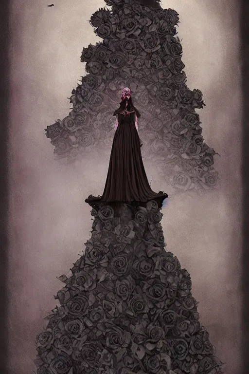 Prompt: elegant fairytale tower covered in roses, full body portrait of medieval princess, cottagecore, nostalgia of a fairytale, Exquisite, dramatic lighting, black paper, muted colors and gradients, by Jeff Jones, Jeffrey Jones, Jeffrey Catherine Jones