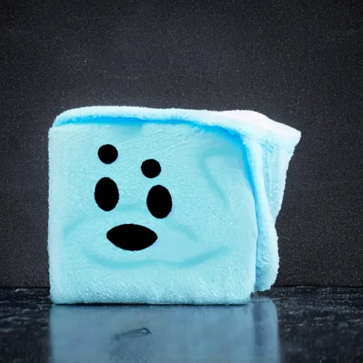 Image similar to an ice cube with a comically sad face crying over a wet rag