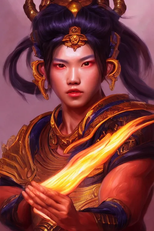 Image similar to a masterpiece portrait of nezha, legendary god holding spear, flame everywhere, epic pose, fantasy character portrait, closeup shot, hyper detailed, digital painting, 8 k realistic, trending on artstation, sharp focus, dof, by fenghua zhong, artgerm, ne zha from smite, jeff easley, raymond swanland