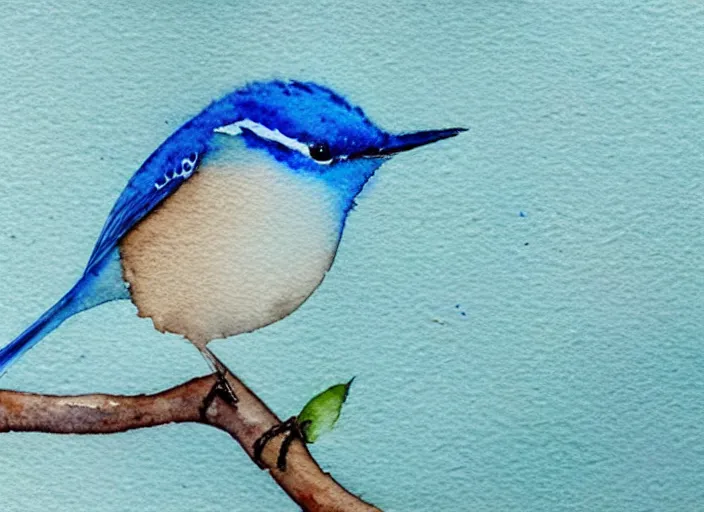 Prompt: a beautiful and detailed watercolor painting of a blue wren standing on a branch, white art paper background, artist nicole barros, muted colors