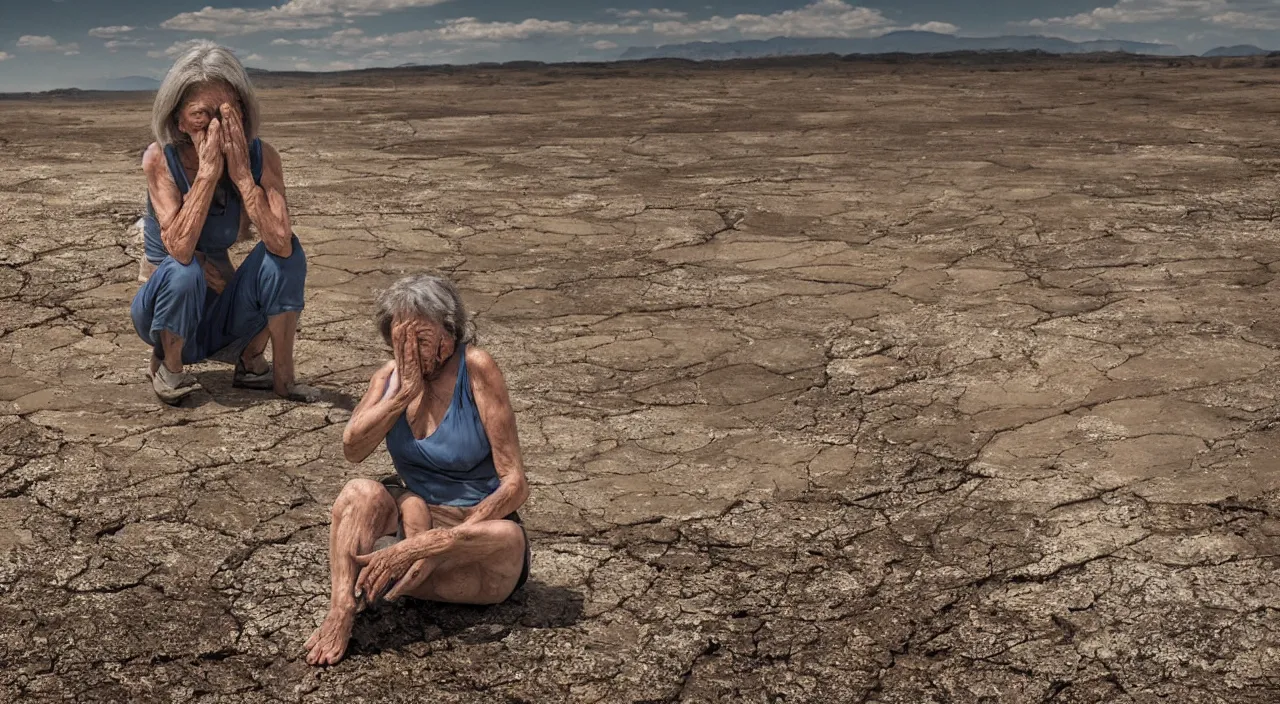 Image similar to 65-year-old Gaia crying one single tear, facing the camera and sitting on a dried up river in a desolate land, blue sky, hot and sunny, highly-detailed, elegant, dramatic lighting, artstation, 4k, cinematic landscape, photograph by Elisabeth Gadd