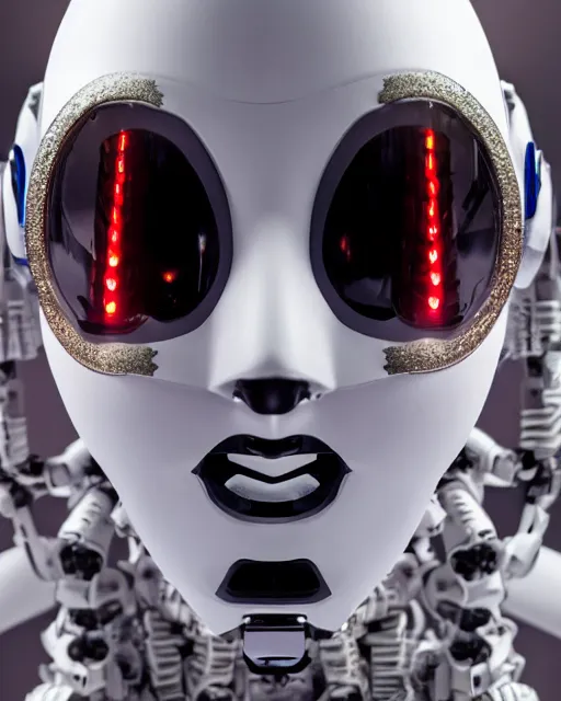 Image similar to 3 / 4 portrait photo of belly dancer as a mecha humanoid robotic head shoulder parts with straight bright led lights, inside white room, ultra - realistic and detailed, shallow depth of field 8 k