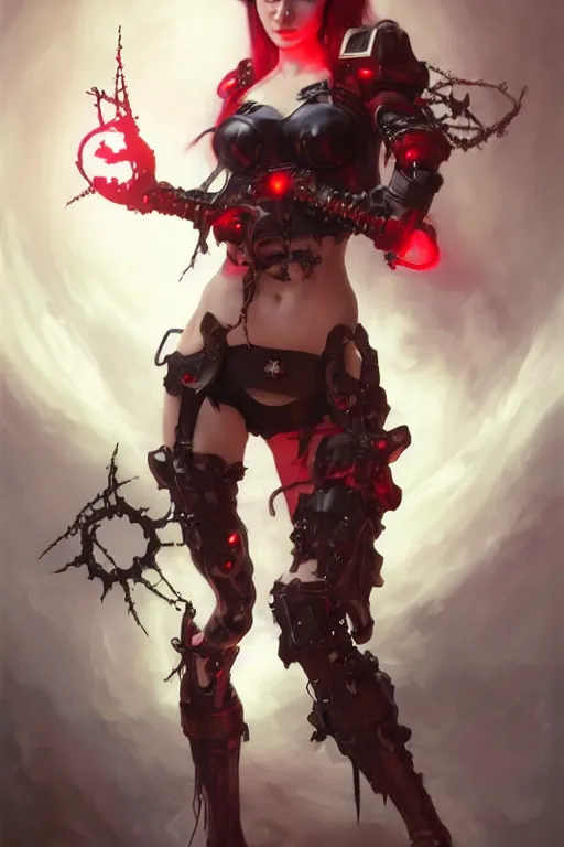 Image similar to Portrait of beautiful pale smiling cyborg goth anime maiden in bikini armor with crown of thorns and glowing red eyes, steampunc, digital art from artstation by Ruan Jia and Mandy Jurgens and Artgerm and william-adolphe bouguereau