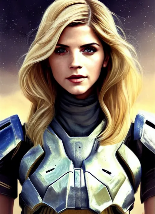 Prompt: portrait of a combination of Ashley Greene, Katheryn Winnick, Victoria Justice and Adriana Dxim, Grace Kelly, Emma Watson and Lily Collins with blonde hair wearing Forerunner Armor from Halo, countryside, calm, fantasy character portrait, dynamic pose, above view, sunny day, thunder clouds in the sky, artwork by Jeremy Lipkin and Giuseppe Dangelico Pino and Michael Garmash and Rob Rey and Greg Manchess and Huang Guangjian, very coherent asymmetrical artwork, sharp edges, perfect face, simple form, 100mm