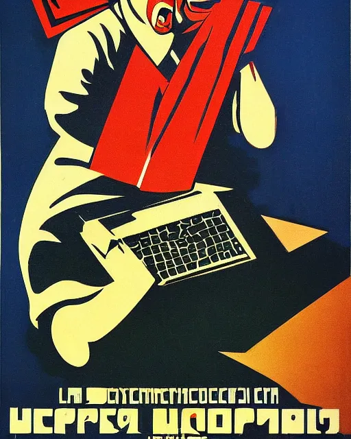 Image similar to soviet propaganda poster of an angry communist developer yelling at his computer