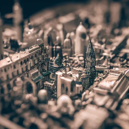 Image similar to macro photo of a miniature secret hidden world with tiny buildings teeth and people