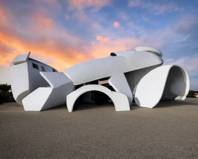 Prompt: photo of white minimalist abstract cubist sculpture of curvy spaceship with random small mecha mayan decorations, covered with few large white airplane parts with windows and doors, gigantic size, sunset lighting inside the suburbs