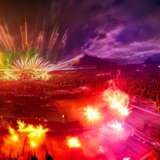 Image similar to outdoor epic festifal mainstage trash hybrid defqon 1 festival light beam lasers, firework, flamethrower, co2, crowd, octane render, 3d, unreal engine, highly detailed, 4k, 8k, HD