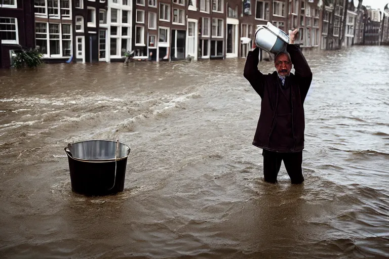 Image similar to closeup potrait of a man with a bucket of water in a flood in Amsterdam, photograph, natural light, sharp, detailed face, magazine, press, photo, Steve McCurry, David Lazar, Canon, Nikon, focus