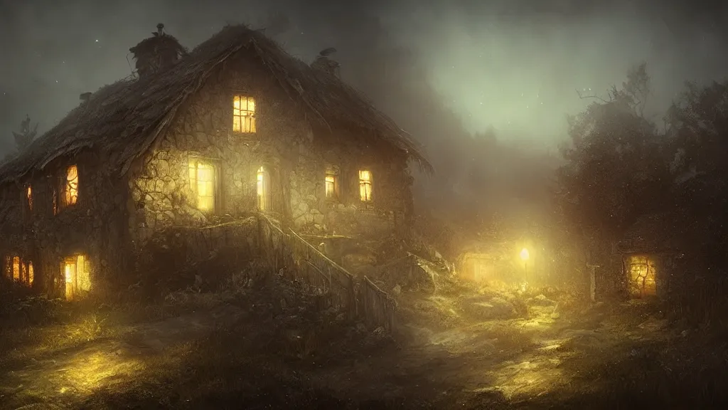 Prompt: A dark decrepit cottage on a hilltop at night, by Bastien LeCouffe-Deharme, hyperrealistic, Cryengine 8k UHD