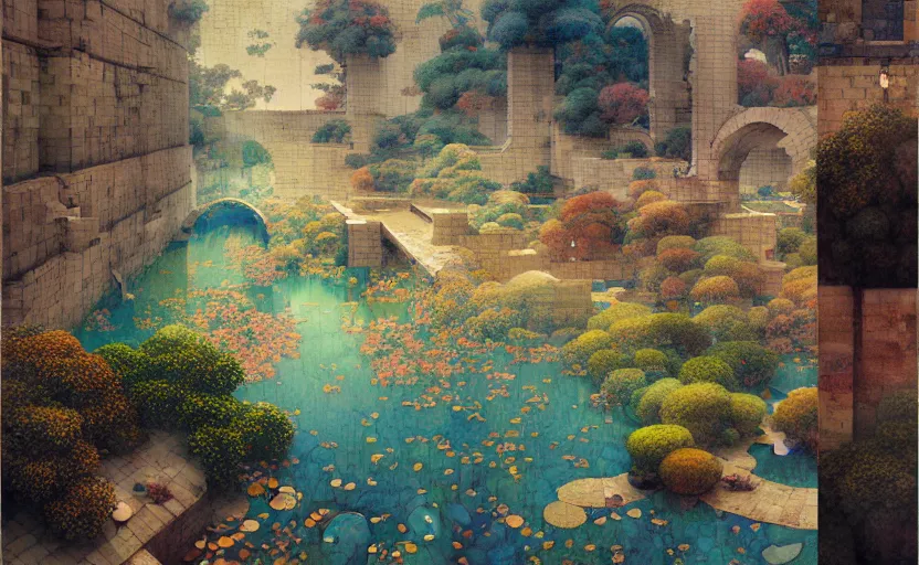 Image similar to tiled room squared waterway, aqueducts, fantasy. intricate, amazing composition, colorful watercolor, by ruan jia, by maxfield parrish, by marc simonetti, by hikari shimoda, by robert hubert, by zhang kechun, illustration, gloomy