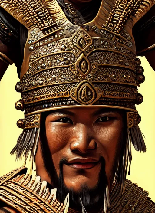 Image similar to tai warlord, closeup portrait, historical, ethnic group, traditional costume, bronze thai 👑, leather shoulder armor, fantasy, intricate, with dong son bronze artifacts, beads cross onbare chest, elegant, loin cloth, highly detailed, oill painting, artstation, concept art, matte, sharp focus, illustration, hearthstone, art by earl norem