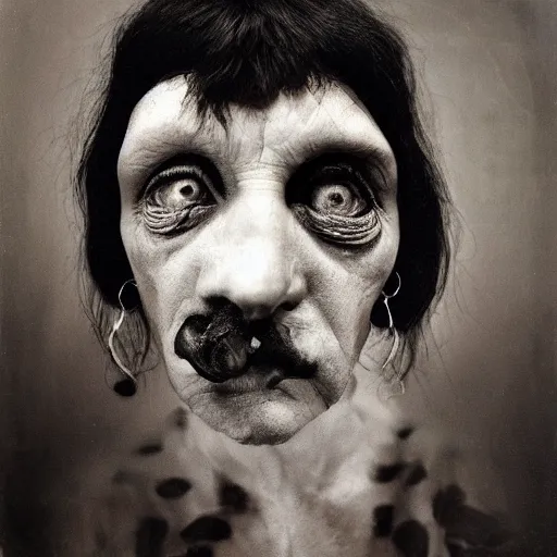 Image similar to high quality high detail portrait by joel peter witkin, hd, unsettling look in the eyes, photorealistic lighting