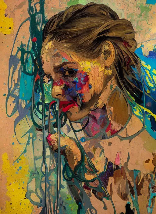 Image similar to abstract expressionism oil painting intertwined with a human head, spray paint texture, drips, impasto paint, 3 d graffiti texture, brushstrokes, abstract, highly detailed, hyperealistic fresh paint, harmonious, chaotic, colorfull, in the style of alphonse mucha