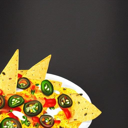 Image similar to ultra realistic illustration, isolated nachos with cheese and jalapeno, blank white background, highly detailed, digital painting, concept art, smooth, sharp