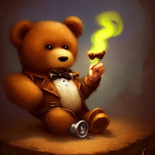 Image similar to cute little anthropomorphic Teddy Bear smoking a cigar, cover art, ultra wide lens shot , tiny, small, short, cute and adorable, pretty, beautiful, DnD character art portrait, matte fantasy painting, DeviantArt Artstation, by Jason Felix by Steve Argyle by Tyler Jacobson by Peter Mohrbacher, cinematic lighting