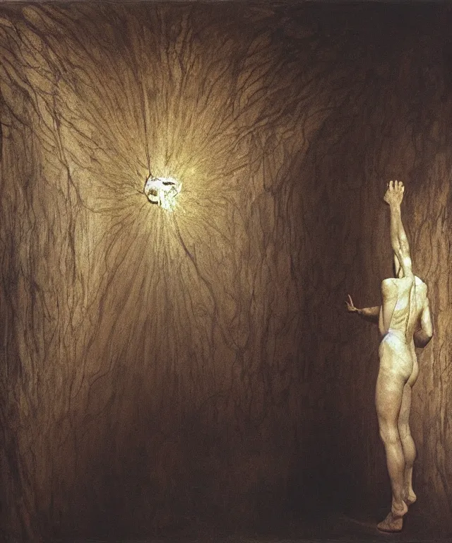 Prompt: The mirror room without doors and windows with beautiful full-body wax sculpture of a glowing transparent woman with visible golden bones inside it in the singularity where stars becoming baroque folds of dark matter by Michelangelo da Caravaggio, Nicola Samori, William Blake, Alex Grey and Beksinski, dramatic volumetric lighting, highly detailed oil painting, 8k, masterpiece