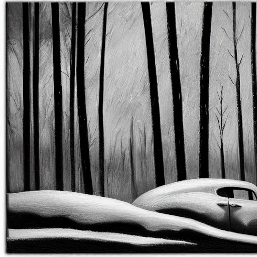 Prompt: rusty ford bel air in winter forest, grey scale, oil painting