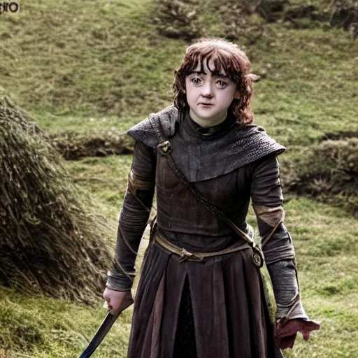 Image similar to first photos of 2 0 2 4 female lotr remake - maisie williams as frodo, ( eos 5 ds r, iso 1 0 0, f / 8, 1 / 1 2 5, 8 4 mm, postprocessed, crisp face, facial features )