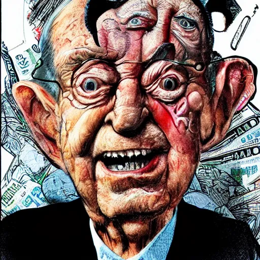 Image similar to George Soros full body shot, dollar bills Body horror, biopunk, by Ralph Steadman, Francis Bacon, Hunter S Thompson