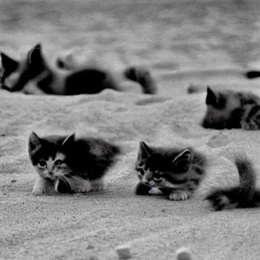 Prompt: kittens storming normandy beach, 1 9 9 4, black and white, photo, documentary