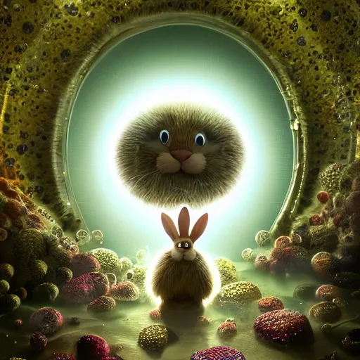 Image similar to gates of heaven, expressive eyes, floating, rbc, bunny, radiolaria, protophyta, micro - organisms, center frame, symmetric, rim light, marine microbiology, bioluminescence, electric, fur, soft, concept art, intricate details, highly detailed, colorful, photorealistic, disney pixar, octane render,