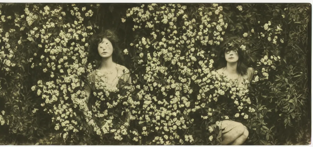 Image similar to portrait of a beautiful woman covered in flowers, Forest, ray gods, 1910 polaroid photography