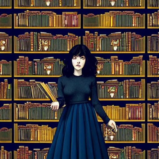 Prompt: portrait of a woman standing in fantasy library, dark blue clothes, black hair, books, flowers, sharp focus, intricate, cinematic lighting, smooth, ultra realistic illustration, high fantasy, elegant, art by scott davidson, albert aublet, krenz cushart, artem demura