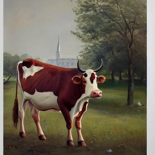 Image similar to painting by zorn, cow wearing clothes!!! standing next to royal castle!!!