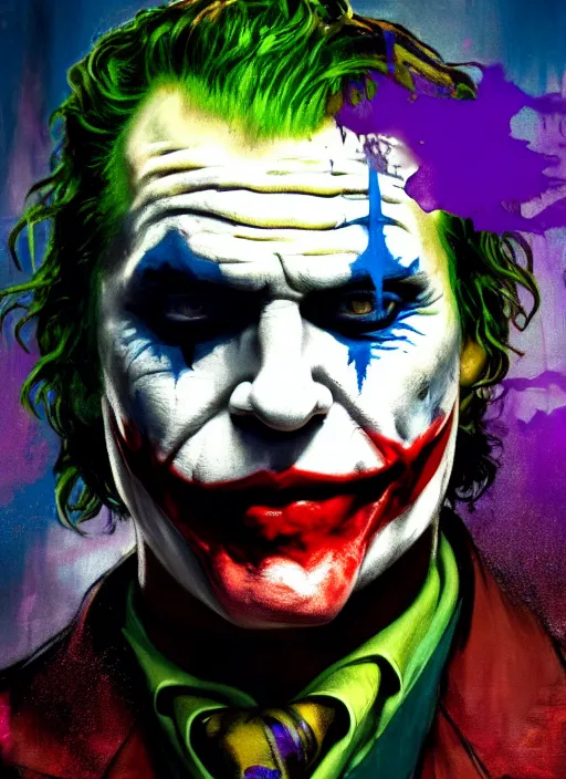 Image similar to abstract portrait of the joker in gears of war, city in the background, the joker 2 0 1 9, studio lightning, beautiful face and eyes, rule of thirds, face symmetry, colourful spray paint splatters, expressive, fine art, by jeremy mann, by alphonse mucha, by monet, 4 k, 8 k, correct body proportion, vivid cinematic style