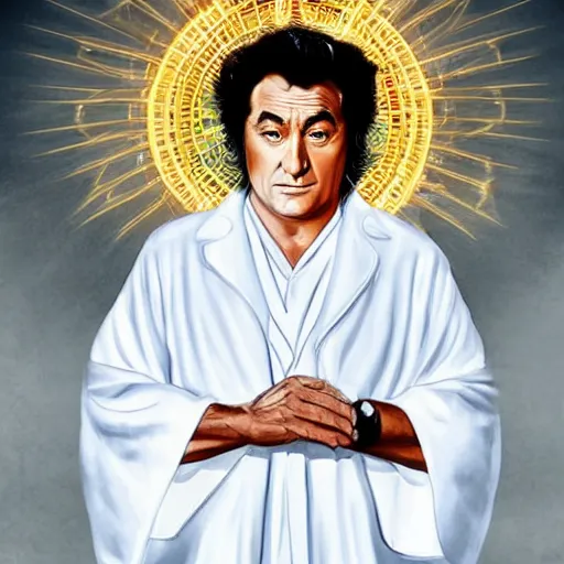 Image similar to columbo as an angel, white robes, wings, symmetrical face!!!!, round symmetrical eyes!!!, heaven!!!!!!!!, gold gates of heaven!!!!!!!!, clouds on ground!!!!!, fog!!!,, color, hdr