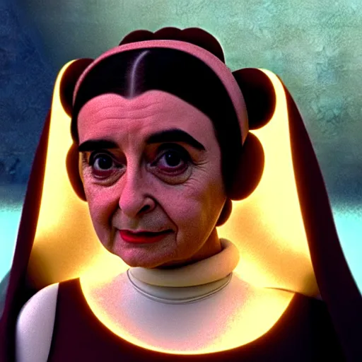 Image similar to mr. bean as princess leia from star wars. movie still. cinematic lighting.