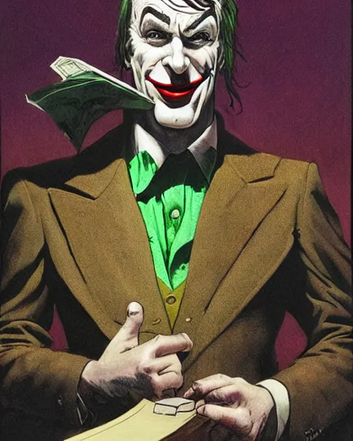 Image similar to portrait of saul goodman as the joker, illustration, art by neil gaiman and peter elson, bernie wrightson