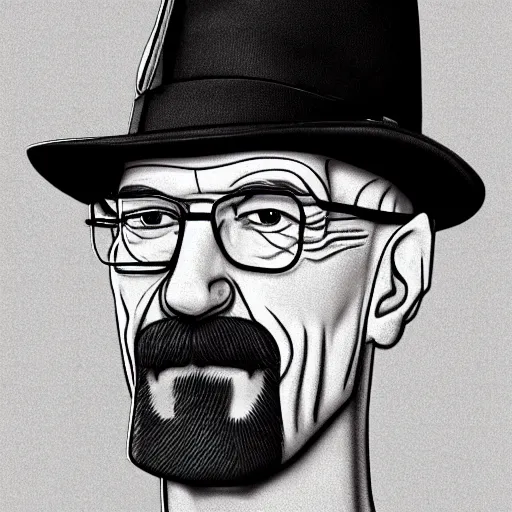 Image similar to Walter White with short pork pie black hat, accurate anatomy, highly detailed, digital art, centered, portrait, serious,