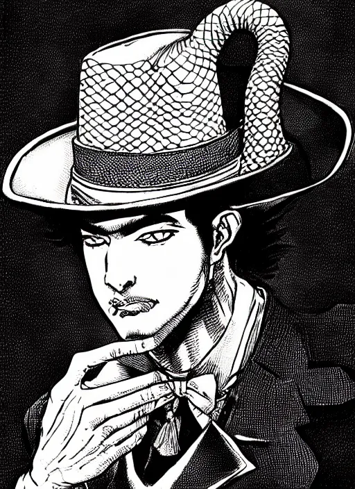 Prompt: portrait of a snake oil salesman wearing a snake suit and wide brimmed hat offering you a bottle of serum formula, art by Kentaro Miura, it idn't greasy