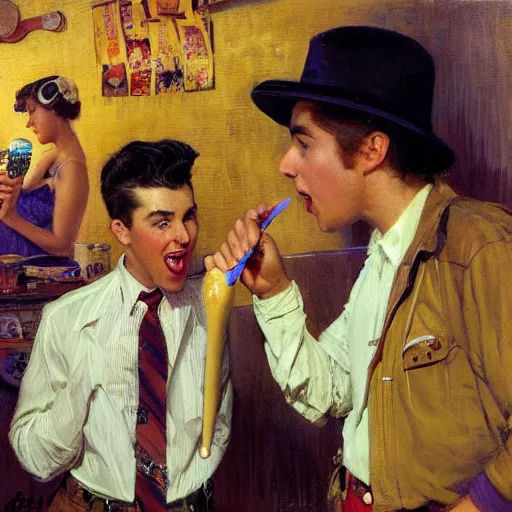 Image similar to three male teens wearing rockabilly outfits and eating lemon popsicles while looking at a woman by gaston bussiere, craig mullins, j. c. leyendecker 8 k