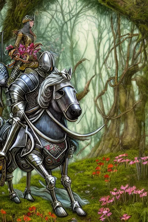 Image similar to medieval knight riding a horse in a magic kingdom overgrown by moss and plants, shiny armor, enchanted forest with fairies, wizards and magic mushrooms in the background, illustrated by james jean, very detailed and colorful and ornamental and floral, comicbook cover