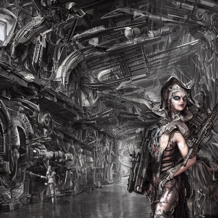 Image similar to apocalyptic woman in hood standing in hall of machinery and weaponry, hyper - detailed, smooth, sharp focus, 4 k ultra hd, fantasy dark art