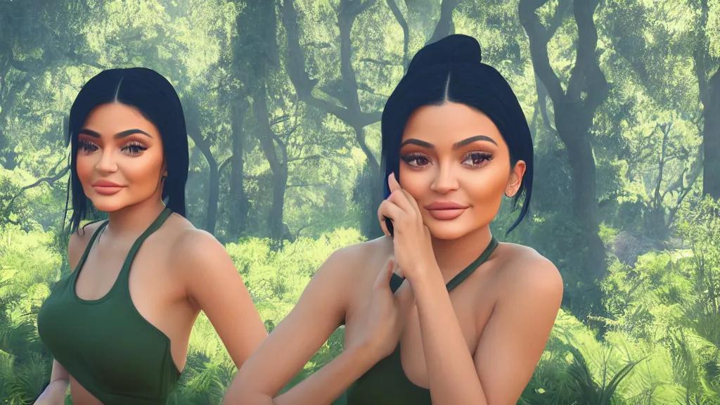 Image similar to photography of kylie Jenner, adorable eyes, cute smile, bright sunny time, serene forest setting, medium shot, mid-shot, highly detailed, trending on Artstation, Unreal Engine 4k