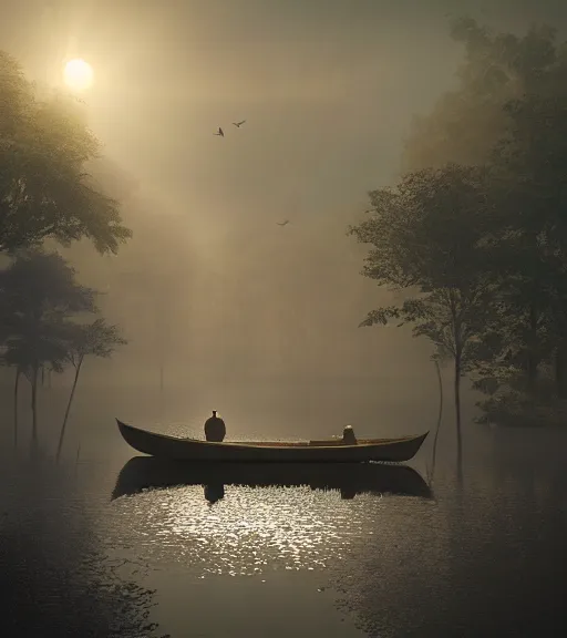 Image similar to three crows in a little boat in a swamp, volumetric lighting, fog, majestic light, octane render, ethereal glare of the sun, hyperrealistic, epic, masterpiece, by greg rutkowski