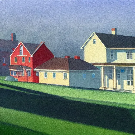 Image similar to suburban american neighborhood on early morning with mist over the houses, painting by edward hopper, illustration, 4k, high quality, 1980, pastel colors, film grain,